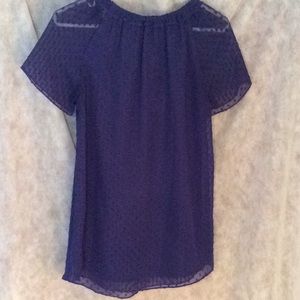 Short Sleeve Sheer Overlay Clip Dot Top Navy Purple